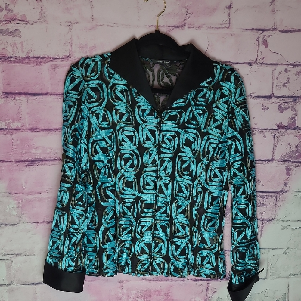 SAMUEL DONG BLACK TEAL ROSETTE FLORAL SHEER DRESS JACKET MEDIUM